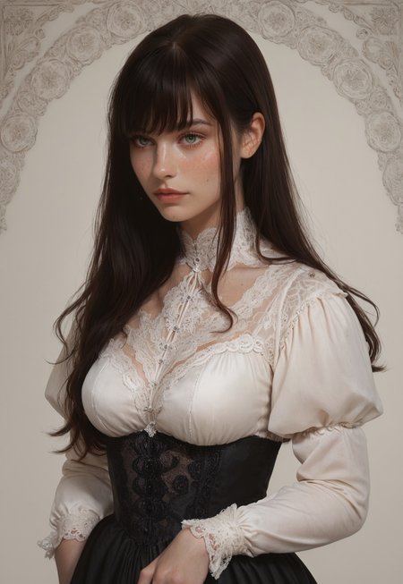 safe_pos, 1girl, simple Victorian background, freckles, long hair, dark hair, bangs, medium breasts, iridescent green eyes, 

black lace dress, 

upper body, 

score_8, score_9_up,