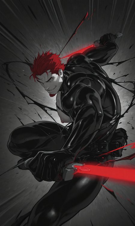 1boy, male focus, bara, muscular, large pectorals, huge pectorals, puffy nipples, red hair, grey eyes, goatee, black spy latex bodysuit, torn bodysuit, black latex strap, black latex belt, belt pouch, glowing red neon dagger, dual wielding daggers, reverse grip, smirk, parted lips, action shot, foreshortening, dutch angle, fighting stance, battle, motion lines, motion blur, abstract, spot color, blue and black theme, dark, grainy, cinematic, very awa, masterpiece, best quality, absurdres, newest, perfect quality, detailed background, intricate details, (artist:bonjourdraws:0.7), (artist:tooboshoo:0.5), (artist:dizdoodz:0.7)