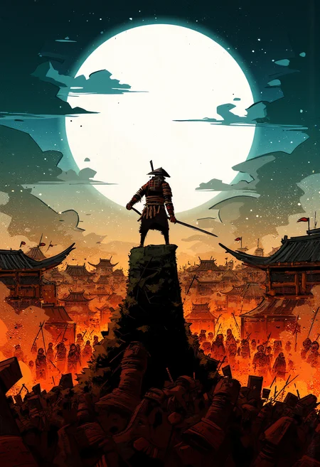 By Alex Vede, illustration, A Samurai rim light brightly, with back to viewer stands with one arm stretched holding a katana, in front of him are samurai's waiting to attack him, last stand, an ancient Japanese town, colorful scenery, Tense, Action, dramatic, vibrant glow