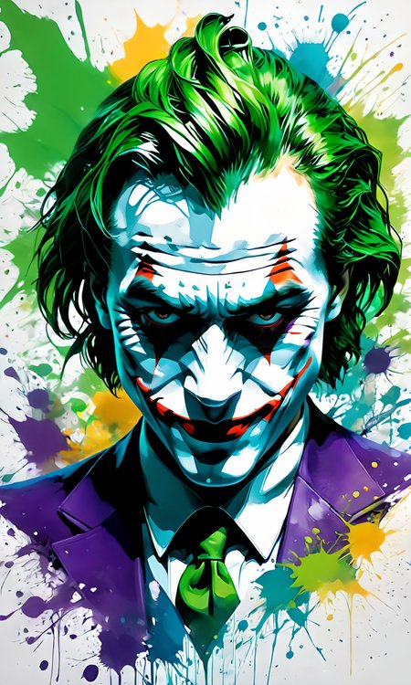 portrait of joker face, paintsplashsdxl, <lora:paintsplashsdxl:1>, vibrant color, best quality, masterpiece,  green and purple paint,
