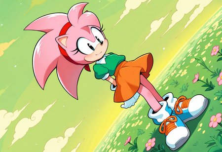 masterpiece, best quality, amazing quality, dynamic angle, dutch angle, abstract background, BREAK, ClassicAmyRose, 1girl, sonic the hedgehog, pink spiky hair, pink fur, peach muzzle, large black eyes, red headband, green, short puffy sleeved shirt, white collar, orange skirt, white gloves, blue shoes, orange shoelaces, short body, Both Hands behind back, Flowers on the ground, Light Smile, Looking at the Ground,