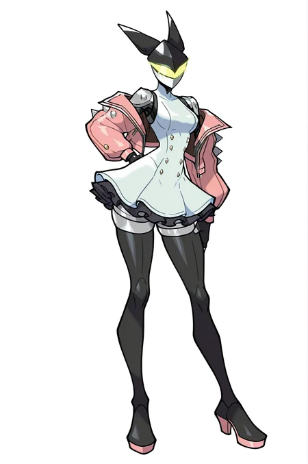 1girl, solo, BC-1 robot, BC-1 helmet, BC-1 visor, BC-1 faceguard, colored skin, black metallic skin, wearing the outfit of elphelt valentine, guilty gear strive, pink leather jacket, white dress, thighhighs
medium breasts, animification, wearing cartoony clothing,
masterpiece, best quality, newest, absurdres, highres, sensitive, sugimori Ken  <lora:BC-1_illustrious_V2:0.8> <lora:YugiHose:1>