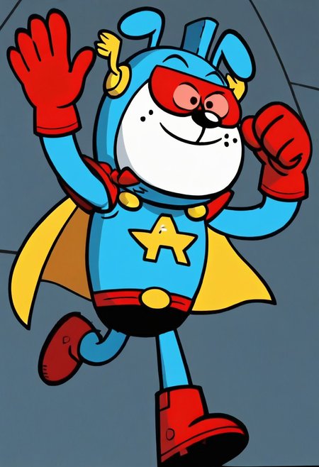 (score_9 | score_8_up | score_7_up) ((masterpiece:1))(best quality,very high quality,ultra detailed:1.2) (2D,cartoon style,anime style)(Smooth:2)(clean blurring) (four fingers on each hand,one thumb on each hand:1), solo, charles, dog, paws, all fours, black spot on left eye, white, happy, red blue and yellow super hero costume, blue super hero costume, super hero, red goggles, two side winged headpiece, yellow cape, thick red boots, red glove, 'A' Logo in the middle,
