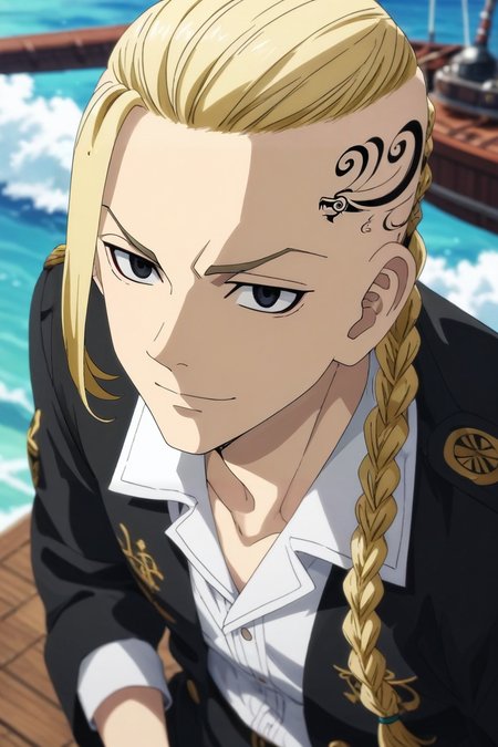 score_9, score_8_up, score_7_up, source_anime, rating_safe, , , looking at viewer, depth of field, 1boy, solo, male focus, <lora:ken_ryuuguuji_pony:1>, ken_ryuuguuji, blonde hair, black eyes, braid, single braid, braided ponytail, tattoo, long hair, from above, pirate ship, day, holding object, seductive smile, , <lora:sdxl_lightning_8step_lora:1>