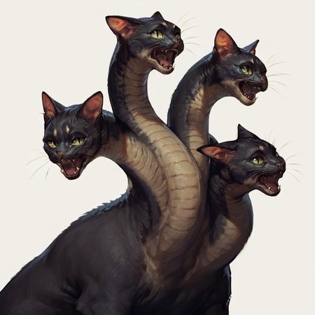 score_9, score_8_up, score_7_up, score_6_up, score_5_up, score_4_up,<lora:Hydra:1>Hydra, multiple heads, long neck,((cat face)),