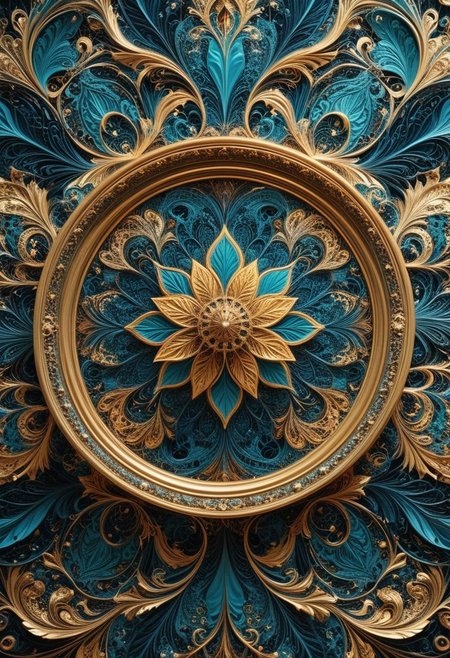 photo of a paisley pattern, boteh, paisley, teal blue, shining gold leaf, almond, entwined paislies, official art, aesthetic, dynamic angle, hyper detailed, order and chaos, vibrant colors, high contrast, (extremely detailed, intricate details, masterpiece, best quality, 8k wallpaper:1.4), dramatic lighting, (dark teal and gold palette:1.2), twisting paisley