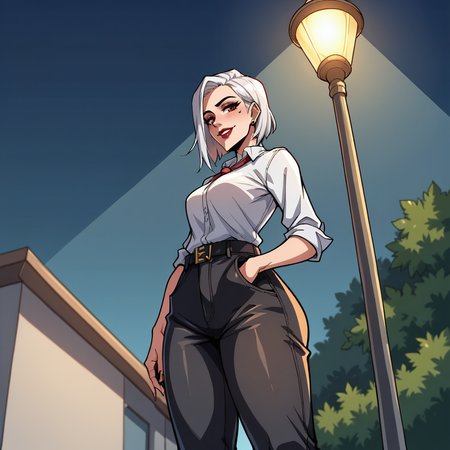 score_9, score_8_up, score_7_up, score_6_up, score_5_up, score_4_up, zPDXL2,source_anime,rating_questionable,1girl,smile,low angle,  ashe_(overwatch), overwatch      <lora:streetlight:0.8> str33tl1ght,below lamppost, spotlight, outdoors, night sky