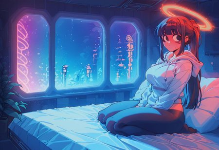 score_9,score_8_up,score_7_up,score_6_up, 1girl, 
 sitting in bed next to a large window, hands between thighs, wearing croptop hoodie, black croptop hoodie, long hair, black hair, blue strip in hair low ponytail hairstyle, angel, angelic girl, white wings, halo, glowing halo, black eyes, <lora:DetailedEyes_V3:1> <lora:add_detail:1>, pov from the side, sitting on the bed, hoodie, plants on the windowsill, looking out the window, looking away from viewer, background through window is vast space, galaxy background, wearing tights, leggings, black tights, thighs, night time, cyberpunk city view out of the window, neon light, purple neon lights, raining outside, heaving rain outside, girl is dry, no rain inside