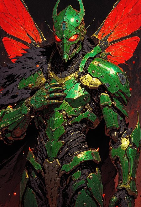 1girl, (green and red scifi armor, gauntlets, MantisAI:1.2), , a photo of a woman wearing simple armor, full body, cinematic lighting, insectoid armor, iridescent beetle carapace, scifi mecha armor, raytracing, fur cloak, dragonfly wing, translucent glass armor, AComics, CBG,BBG, cyber_glasses blancformmech beetle shaped helmet Painted poster, 1girl, excellent composition, expressive, dynamic dramatic atmosphere, charming, engaging, beautiful, decorative, solid background, lively, lovely, aesthetic, very inspirational, thought, detailed, deep light, sharp focus, elegant, complex, highly intricate, fantastic, creative, appealing, rich bright color, shiny, illuminating, fabulous, stunning, brilliant, epic, awesome，DB4RZ, DB4RZ style painting, S1n0z1ck style, zydInk