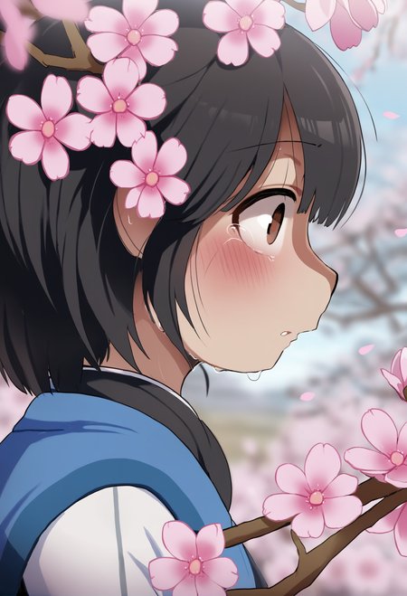 masterpiece, hyper detailed, best quality,(furry:1.3),1girl, solo, blurry, blurry foreground, pink flower, cherry blossoms, flower, depth of field, close-up, parted lips, profile, black hair, portrait, tears, brown eyes, branch, petals, looking at viewer, bangs  ,<lora:DAGASIXLlokr8f-000188:0.95>
