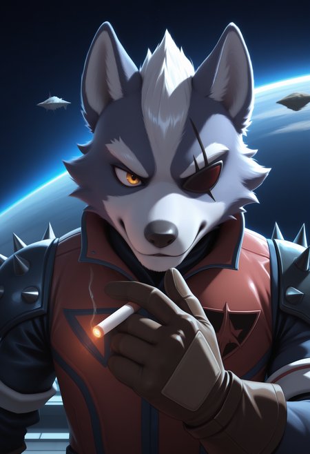masterpiece,best quality, amazing quality, 1boy, solo, wolfSF, wolf boy, eyepatch, star red vest, star spiked pauldrons, close up, holding cigarette,  star brown gloves, 
 
space, space ship, 
