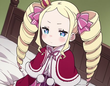 score_9, score_8_up, score_7_up, source_anime, <lora:rezero-beatrice-s3-leak-ponyxl-lora-nochekaiser:1>, beatrice, long hair, blue eyes, blonde hair, twintails, hair ribbon, sidelocks, symbol-shaped pupils, drill hair, twin drills,, dress, ribbon, fur trim, capelet, crown, mini crown, red capelet, frills, bowtie,, indoors, bed, bed room, on side, blush, drunk, looking at viewer, solo,, cowboy shot, dutch angle