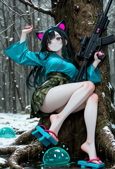 a digital artwork in the style of ckbwaw, cat_ears, cargo_skirt, snow, long flowing hair, RTX, newest, absurdres, barefoot, motion_blur:1.1, Amazon rainforest river scene, toes_curled, slime_(creature), close-up, absolutely eye-catching, barefoot, Neon Glow Theme, ultra-detailed, Face-framing split hair, ambient occlusion, amazing quality, masterpiece, very aesthetic, nail_polish, medium breasts, depth of field, long hair, manga, motion_lines:1.1, multiple others, long_nails, cropped_kimono_jacket, dense vegetation., best quality, Shallow Depth of Field, hair_bells, Bounty Hunter Bard, geta, assault rifle with underslung grenade launcher (compact), Kosaki Onodera, Mechanical Heart, pale skin, anime character, 8K, blurry background