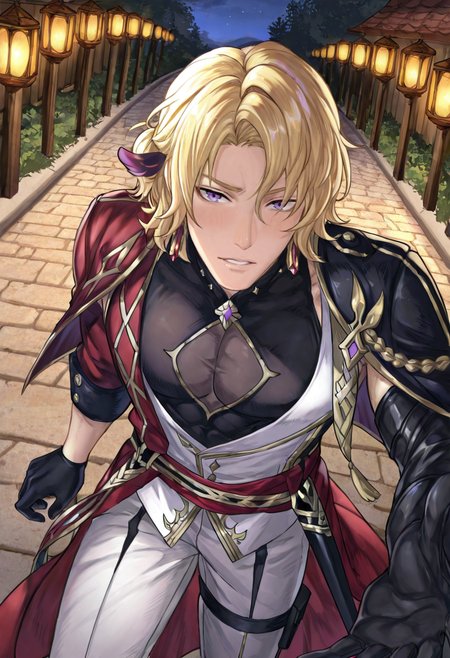 1boy, male focus, CyparN, CyparN_blond_hair, CyparN_purple_eyes, CyparN_earrings_gold_square, stellar_commander_outfit, CyparN_white_red_ornate_jacket, CyparN_gold_trimming, CyparN_gold_buttons, CyparN_black_high_neck_underlayer_shirt, CyparN_red_sash_gold_stars, CyparN_black_gloves, CyparN_white_pants_gold_accents, slightly from above, close up:2.7, dramatic dynamic angle, half-body action pose, mid-motion reaching out with right arm, chest forward, expressive extreme love expression, parted lips, looking at viewer, outdoor lantern festival night, glowing lanterns, illuminated brick street, festive background, masterpiece, best quality, amazing quality, ultra-detailed, absurdres, cinematic lighting, realistic shading, intricate details, shiny skin, newest, 8k resolution, octane render,  <lora:Noctilucent_Cypar:0.8>
