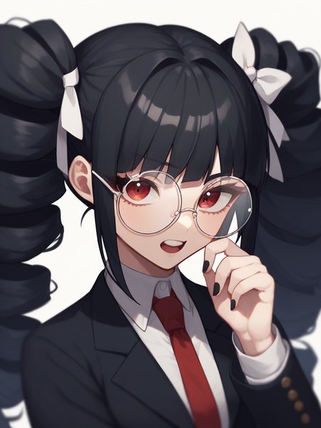 score_9,score_8_up,score_7_up,<lora:danganronpa_all:1>,character: yamada hifumi, black hair, twintails, long hair, red eyes, round eyewear, white shirt, collared shirt, long sleeves, character: celestia ludenberg, black nails, twin drills, glasses, character: ishimaru kiyotaka, necktie, hand up, upper teeth only, black jacket