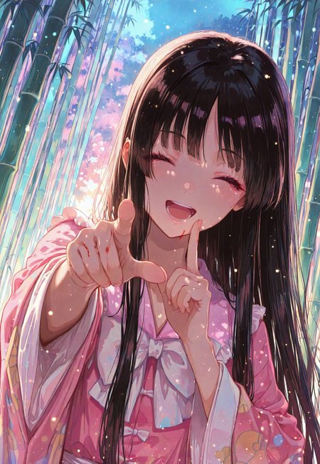 masterpiece, best quality, very aesthetic, absurdres,
1girl, Houraisan Kaguya,
upper body,
brown eyes, black hair, long hair, pink shirt, long sleeves, wide sleeves, white bow, sleeve near own jaw,
looking at viewer, laugh, happy, open mouth, closed eyes, (teary:0.8),
bleeding head, wounds, ton clothes,
pointing at viewer,
correct fingers, 
in a bamboo forest,
front view, Dutch angle shot, dynamic pose, dynamic angle,
pastel colors, gradient color, soft fill light, (ambient light), (dynamic light), vivid colors, high contrast, 
night, (blue light:1.1), soft lighting,
raytracing, light particles, floating particle light, gradient color,
shinny, glitter,
close up, extremely close-up shot,
atnr style