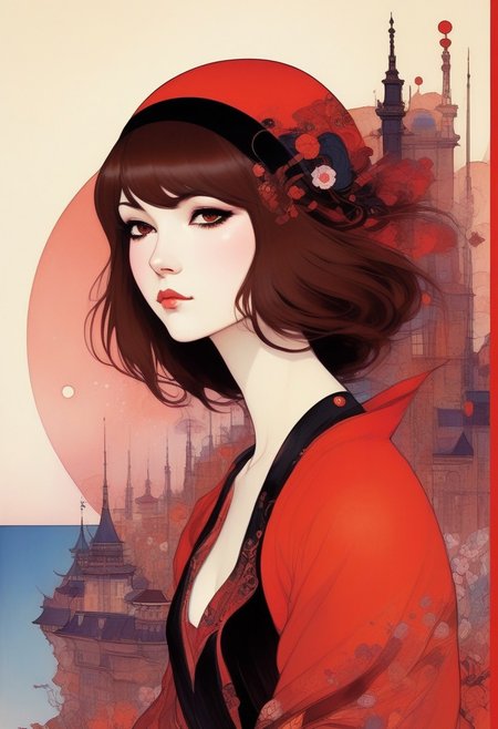 ,tj,LocationInformation,in the style of 2d game art,characterized girl,dmitry vishnevsky, black and red,cute and dreamy,editorial illustrations,kawai girl ,detailed drawing,