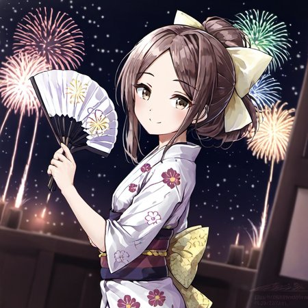 1girl, jintsuu (kancolle), by kodoto, aerial fireworks, bow, brown eyes, brown hair, eyes visible through hair, fireworks, floral print, from side, hair bow, hair intakes, hair up, hand fan, holding, japanese clothes, kimono, night, night sky, obi, paper fan, parted bangs, sash, sky, smile, solo, uchiwa, upper body, yellow bow, yukata,