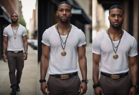 cinematic film still multiple views, a black man, pants, street urban, necklace, jewelry, big watch, t-shirt, standing,
 <lora:MultipleViewsXL:0.75>, , <lora:FILM_PHOTOGRAPHY_STYLE:0.25> . shallow depth of field, vignette, highly detailed, high budget, bokeh, cinemascope, moody, epic, gorgeous, film grain, grainy