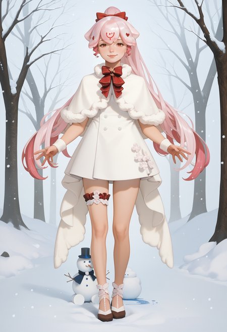score_9, score_8_up, score_7_up, 1girl, solo, <lora:Bao_XLPD:1>, outdoors, winter, snowing, snowman, BaoWinter, pink hair, liquid hair, ponytail, bangs, long hair, white hair bow, white capelet, white dress, short dress, short skirt, red bow, fur trim, thighs, bridal garter, outstretched arms, happy, smug, full body,