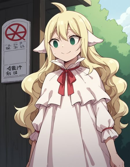 score_9, score_8_up, score_7_up, source_anime, <lora:mavis-vermillion-anime-ponyxl-lora-nochekaiser:1>, mavis, long hair, blonde hair, green eyes, ahoge, wavy hair, animal ears,, dress, white dress, collar, ribbon, red ribbon, capelet, long sleeves,, bus stop, waiting, commuter, smartphone, checking time, cold morning, smile, , hand palm facing up, solo,, cowboy shot, dutch angle
