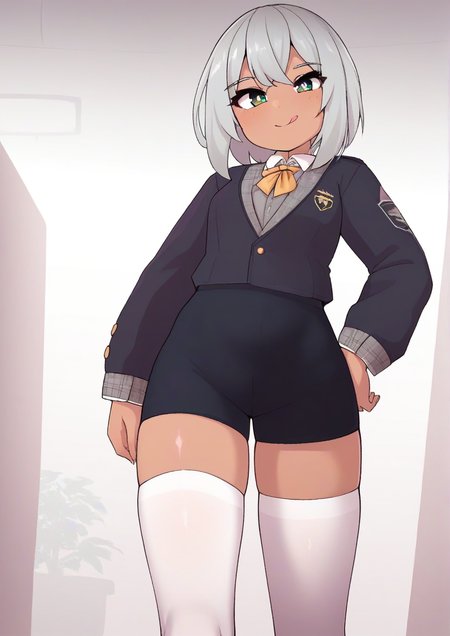 1girl,:p, asticassia school uniform, closed mouth, dark-skinned female, dark skin, evening, from below, green eyes, grey hair, hand on own hip, jacket, long sleeves, looking at viewer, looking down, school uniform, short hair, shorts, smile, smug, solo, standing, thighhighs, tongue, tongue out, white thighhighs<lora:mangmoongming:1>