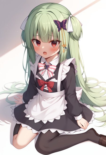 score_9,score_8_up,score_7_up,<lora:murasame_(senren)_pony:1>,frilled_apron, murasame_\(senren\), commentary_request, solo, maid_apron, brown_bow, white_background, shadow, hair_ribbon, black_dress, white_apron, long_sleeves, 1girl, company_connection, enmaided, open_mouth, sitting, blush, collared_dress, striped_bow, shiki_natsume_\(cosplay\), white_ribbon, brooch, :d