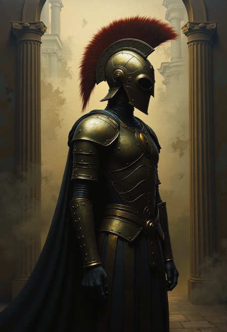 0n1r1c, Create a dramatic impasto painting with drips and painterly smudges of a majestic warrior, inspired by Achilles, the central character in Homer's Iliad, wearing a massive, futuristic full-body armor with a complex, segmented design, multiple plates and reinforcements, covering the entire body and combining both ancient and modern aesthetics. The closed helmet should have a striking red horsehair crest, reminiscent of ancient Greek soldiers, yet designed in a sleek, modern style. The shoulder plates and bracers of the armor should feature additional plating with gold accents. The warrior should wear a long, flowing black cape, adding a touch of royalty. His overall appearance should exude strength, nobility, and a harmonious blend of the antique and the modern. Set the scene in a dark, grand hall with high, arched windows in the background. The painting should emphasize a combination of ancient grandeur and a futuristic, modern, and abstract style, with dramatic lighting features in a monochromatic scheme, primarily in shades of black, white, and gray.
