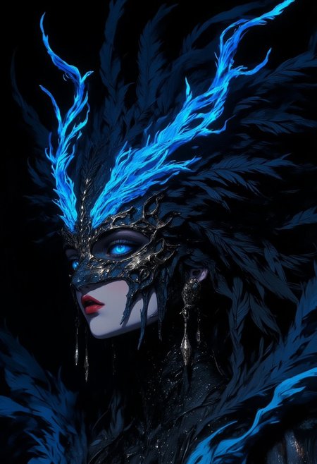This artwork is titled "Moonlit Enchantress", it captures the ethereal and mystical essence of the woman's appearance, with the veil and dark feathers evoking a sense of lunar magic. It features a hauntingly beautiful, ethereal figure with a striking blend of fantasy and gothic elements. The subject is a female with pale, flawless skin and a regal bearing. Her striking blue eyes add to the enigmatic quality of the portrait. She wears an elaborate, ornate mask that covers her entire face, except for her lips, which are painted a deep red. The mask is crafted from dark, almost black, materials that resemble leather or metal, and it is adorned with intricate, glowing blue patterns that seem to mimic the movement of flowing water or fire. Her hair is a voluminous, dark mane that cascades down her back and shoulders, interwoven with feathers and other organic elements that give it a wild, untamed appearance. The feathers are predominantly black but have a blue sheen, adding to the mystical aura of the image. The background is pitch black, making the subject stand out starkly against the darkness, and the lighting accentuates the blue hues, creating a dramatic, almost otherworldly effect. The artwork is highly detailed, with a focus on textures and the interplay of light and shadow, which gives it a surreal, almost dreamlike quality.