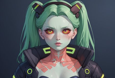 score_9, score_8_up, score_7_up,
 <lora:Rebecca_Pony:0.8> Rebecca_(Cyberpunk), solo, green hair, colored skin, red sclera, mechanical eye, looking at viewer, neck tattoo, headgear, black jacket, black bra, twintails
 <lora:incoming_kiss:0.7> incoming kiss,