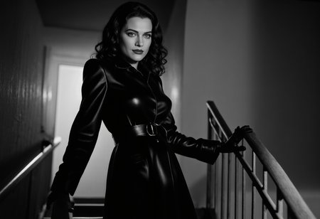 Dramatic candid black and white noirstyle shot in the style of Helmut Newton.  The camera is low and the subject is illuminated in chiaroscuro from a distant light source at right.

A sophisticated 25 year old dark-haired caucasian woman with  long hair in pin curls a la Veronica Lake. 
subdued very dim Rembrandt light from right and rear of camera She wears a lustrous black leather coat cinched with a matching leather knot belt, along with black leather gloves.

The woman stands at the top of a flight of narrow stairs and extends one hand to each railing as she prepares to descend the stairs.

She looks down at the camera with a conniving smirk.