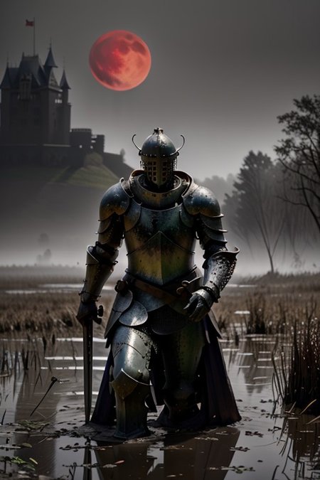 RAW photo, (masterpiece:1.3), subsurface scattering, heavy shadow, (high quality:1.4), (intricate, high detail:1.2), professional photography, HDR, High Dynamic Range, realistic, ultra realistic, photorealistic, high resolution, film photography, ambient lighting, atmospheric effects, <lora:detail_slider_v4:2>, OverallDetail,  DarkFantasy,
1 male (knight), in creepy swamp surrounded by reeds, full armor, rust, evil eyes, holding broadsword, castle in the background, red moon, dead trees, mossy water, fog,