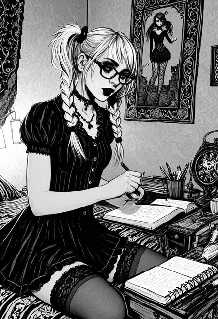 gothic, digital illustration, flat colors, line art, black and white, nerdy 18 year old goth girl writing in her diary, glasses, blond, pigtails, short skrit, inside her bedroom, sexy, creative angle,