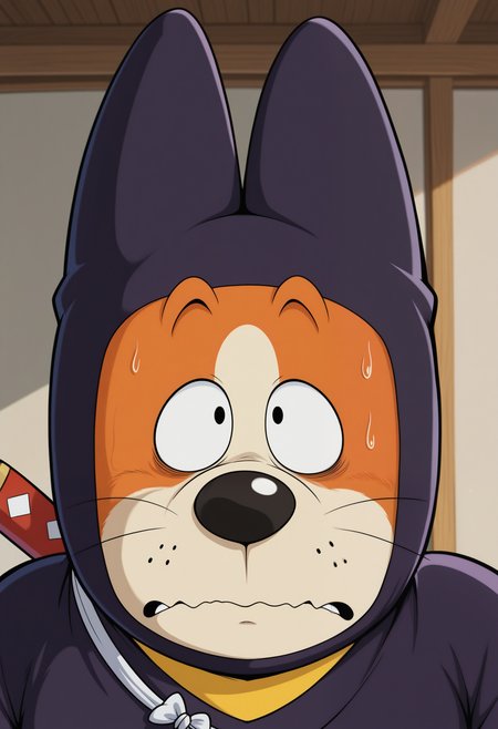 masterpiece,best quality,amazing quality, 1boy, solo, shuDBS, dog boy, black eyes, orange fur, face mask, ninja outfit, shoulder sash, yellow shirt, nervous, close up, indoors,