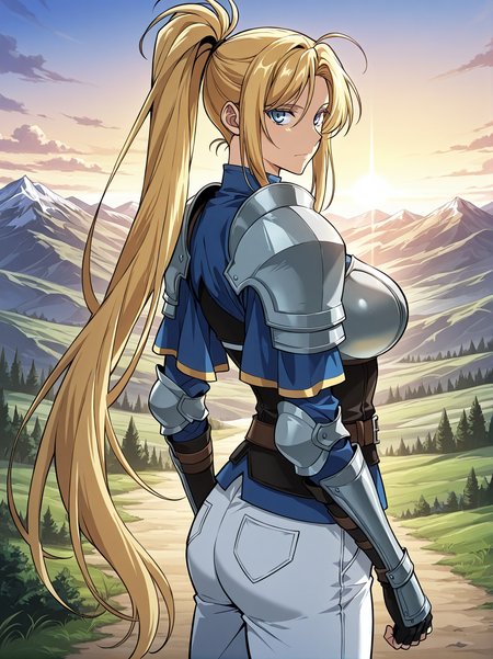 <lora:Kiri_Frodmain Illustrious:1>
1 girl, solo, blue eyes, blonde hair, long hair, ponytail, bangs, large breasts
armor, gauntles, boots, breastplate, belt, shoulder armor, pauldrons, white pants
score_9, score_8_up, score_7_up, source anime, BREAK,  cowboy shot, (from side), looking back, looking at viewer, overlooking mountain, high altitude, scenery, exterior, background, (solo), perfect hands