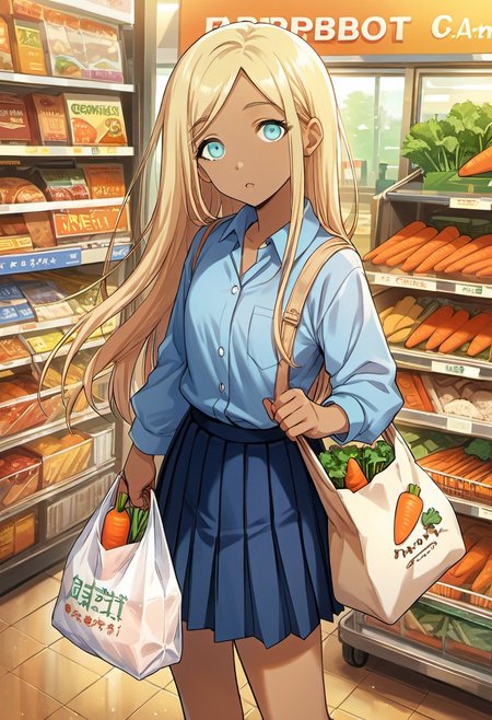 score_9, score_8_up, score_7_up, source_anime, layla, long hair, blonde hair, dark skin, aqua eyes, 1girl, solo, skirt, bag, food, school uniform, carrot, looking at viewer, pleated skirt, dark-skinned female, shopping, shopping bag