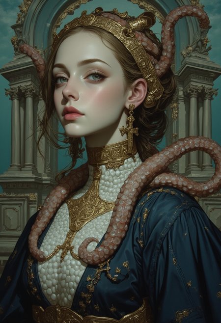 A Renaissance-style bust portrait of a woman standing against an intricately painted underwater temple, her pearl-adorned gown drifting unnaturally, as if responding to an unseen current. From beneath her delicate collarbones, a series of elegant, translucent tentacles emerge, curling softly around her shoulders like a living shawl. Their surfaces shimmer with tiny iridescent scales, and bioluminescent spots pulse in rhythmic patterns, communicating in a language lost to time. Her gold-threaded choker appears ceremonial, its edges seamlessly woven into the fleshy, coral-like ridges of her skin. Her deep, oceanic gaze seems distant yet all-knowing, as if she has seen the rise and fall of civilizations beneath the waves.