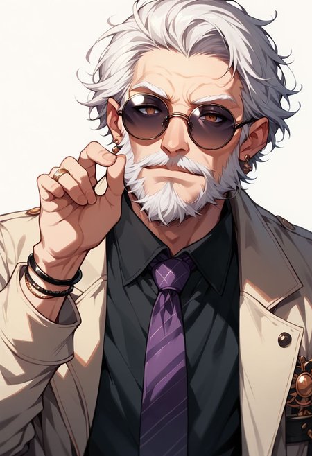 niji comix style, 1boy, male focus, jewelry, solo, ring, old, facial hair, necktie, beard, shirt, white background, round eyewear, bracelet, old man, simple background, purple necktie, black shirt, sunglasses, earrings, tinted eyewear, looking at viewer, white hair, collared shirt, glasses, coat, long sleeves, hand up, grey hair, belt, upper body, comic art style, illustration PnyCmicPosXL
 zPDXL2