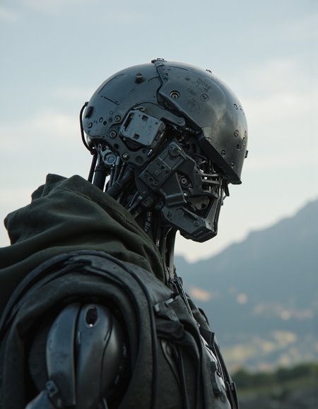 SCI_FACTOR_CORE cyberpunk,This is a digital artwork in the style of ckgr, concept art, man is an android, the humanoid robots plastic camouflage cyborg mask is open, the mechanical parts of the robot are visible inside, background is a vast battlefield with mountains in background, 
