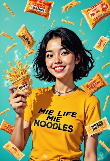 Upper body portrait (from her breast and above) of a young Asian woman with shoulder-length, wavy black hair with subtle caramel highlights, styled in a tousled, effortless manner. She has bright, expressive almond-shaped eyes, defined brows, and wears minimal makeup with just a touch of peachy blush and glossy coral lips. Her wide, genuine smile reveals perfectly aligned teeth as she looks directly at the viewer with a playful, inviting expression. She wears a fitted mustard-yellow t-shirt with phrase "MIE LIFE MIE NOODLES" printed in bold black typography across the chest. The shirt is casually half-tucked, with a small silver noodle-fork pendant necklace visible at her collarbone.
A clean, matte teal background, she's surrounded by a dynamic arrangement of instant noodle rectangle packages cascading around her. Each package is positioned to ensure brand visibility with text clearly reading: 'Indomie', 'Nissin Cup', 'Samyang', 'Shin Ramyun', 'Char Mee', and 'Pop Mie Ayam'. Some rectangle packages are dramatically tearing open with visible steam and perfectly styled noodlez strands curling outward. She playfully balances one rectangle package noodle on her palm while reaching for another rectangle  package with her other hand, her posture suggesting movement and energy. The lighting is bright and commercial, creating subtle highlights on the packaging and giving the entire composition a crisp, appetizing quality with vibrant colors that pop against the background.