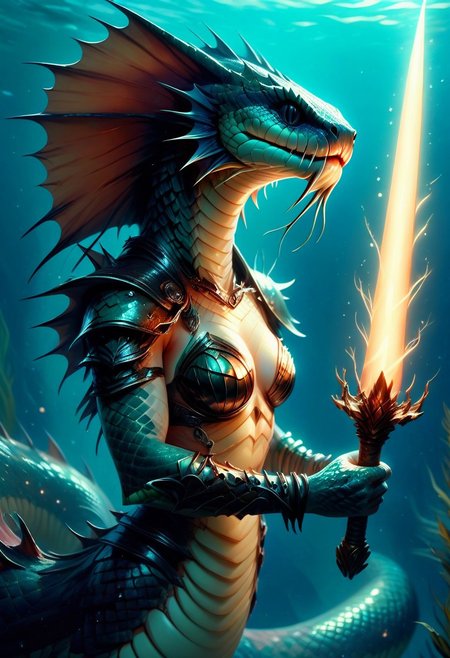 score_9, score_8_up, score_7_up, Naga, holding a glowing sword, underwater
