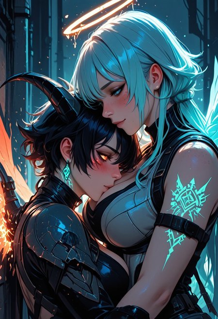 (masterpiece), (best quality), (8k), 2girls, angel and demon, intense stare-down, tension, glowing eyes, magical aura, emissive lighting effects, cinematic lighting, golden hour glow, divine vs infernal contrast, glowing halo above angel, broken burning halo above demon, floating sparks, glowing tattoos or markings, glowing feathers vs shadowy wings, ambient light particles, symmetrical composition, high detail, soft shadows and light contrast, dramatic environment, cleavage, large breasts, detailed armor, bodysuit, fishenets, sleeveless, armbands, flowing cloth, mystical energy in air, angel freckles, demon scars, 
Face details, happy, in love, blush, blushing, pushed against wall, hugging, head on chest, face on chest, nuzzle, nuzzling breasts,