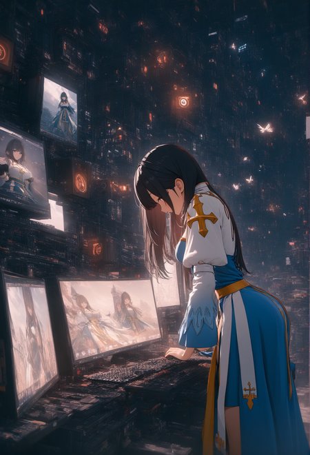 masterpiece,high score,great score,absurdres, arch bishop \(ragnarok online\) [8],, a 3D render,<lora:Beeple-Cyberpunk:1>,Beeple (artist, beeple),computer art [45], .