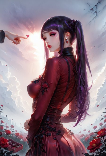 masterpiece, best quality, amazing quality, very aesthetic, absurdres, newest, (scenery, volumetric lighting),depth of field, 1girl,solo,sfw,((from behind:1.2),(from_back:1.2),(from below:1.3),Cowboy Shot) ,rr makeup, portrait, lipstick, eyeliner,jill stingray, va-11 hall-a, 1girl, red eyes, long hair, purple hair, black hair, twintails,, 1girl,  in heat, long sleeve, turtleneck, rose dress, red dress,, flower, roses, hearts, cherry blossom petals,box of chocolates,medium breasts, medium and teardrop shaped breasts,(covered breasts:1.3),curvy,skindentation,pointing_at_another, romantic, in love, many flower garden field, sky, incoming clouds,crack_of_light, fog,solo focus, unsr,,(shiny skin:0.7),(sakimichan:0.8,wlop:0.5),masterpiece, best quality, amazing quality, very aesthetic, absurdres, newest, (scenery, volumetric lighting),depth of field,gobo lighting,satsumiya,  <lora:memento mori:0.6> <lora:MoriiMee_Gothic_Niji_Style_Illustrious_r1:0.8> artist:moriimee <lora:ral-vltne:1> ral-vltne <lora:TQ_-_Rustic_Wooden_Valentines_Day_Backdrops:1>  <lora:GOBOLightingILL:1> gobo lighting, shadows <lora:romanticredeyeshadowILL:0.8>