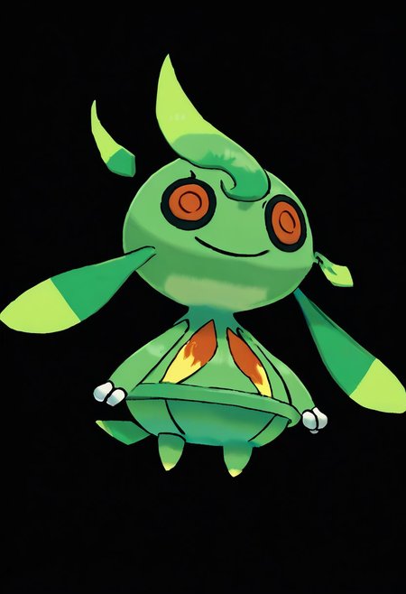 score_9, score_8_up, score_7_up,Create an image of a whimsical, cartoonish chibi grass/fire-type creature. It should possess a dynamic and balanced profile composition, centered with ample negative space around it. The creature should have a verdant green body with fiery red-orange leaf-shaped accents, resembling flames, along its back and tail. Its tail should end in a flicker of yellow and red flame, implying movement as if it's ready to ignite at any moment. Its facial features should include wide, expressive eyes with flame-colored irises and a mischievous smile that reveals tiny, pointed white teeth. Small, leafy appendages should sprout from its cheeks, and its belly ought to be a lighter shade of green. The illustration should be rendered in a bold, cartoon style with clean lines of varying thickness, flat colors with simple shading to suggest a fiery vitality, and no texture to maintain a sleek, lively appearance. The background should be transparent for versatile application across various media. The overall impression should be playful yet fiery, capturing the essence of a character that could leap into the action of a game or animate the pages of a fantastical story .zPDXL