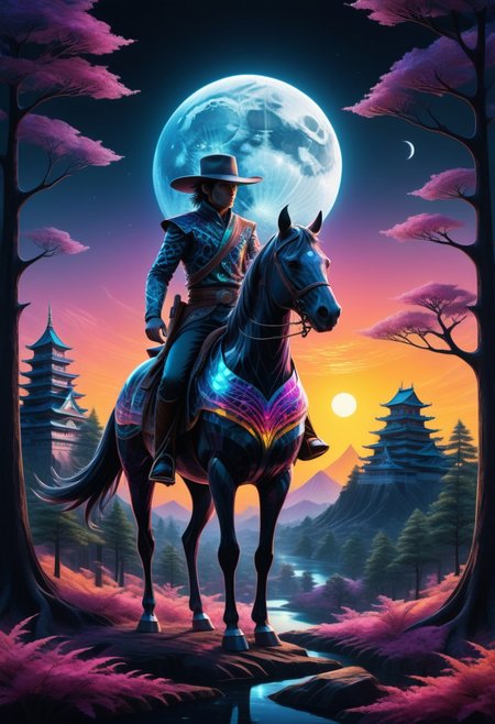 anime art, a breathtaking ultra-HD anime-style illustration of a electro_style, cowboy, masterpiece, best quality, newest, absurdres, highres, by an ancient japanese edo castle made out of fractangles, sunset, ink artwork, sharp color, fractangle sakura trees in the background, moon in background. The atmosphere is tranquil yet powerful, evoking a sense of nostalgia and wonder. Highly detailed character, precise silhouette, cinematic lighting, ultra-realistic textures, dreamy and immersive composition, masterpiece. sharp, ultra hd, 8k, 4k, artstation, (Fractangles), movie poster,  let angles and patterns evolve in unexpected ways, (Show the world your mastery of geometric elegance and prove that art isn’t just organic—sometimes, it's perfectly geometric. Judging will focus on theme adherence, aesthetic prowess, and clever integration of fractal elements.)