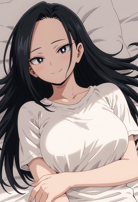 momo_yaoyorozu, 1girl, 1girl,score_9, score_8_up, score_7_up, black hair, black eyes, white pupil, solo, long hair, smile, shirt, collarbone, portrait, white shirt, lying, on bed, breasts,  looking at viewer, blush, closed mouth, animestyle, hairdown