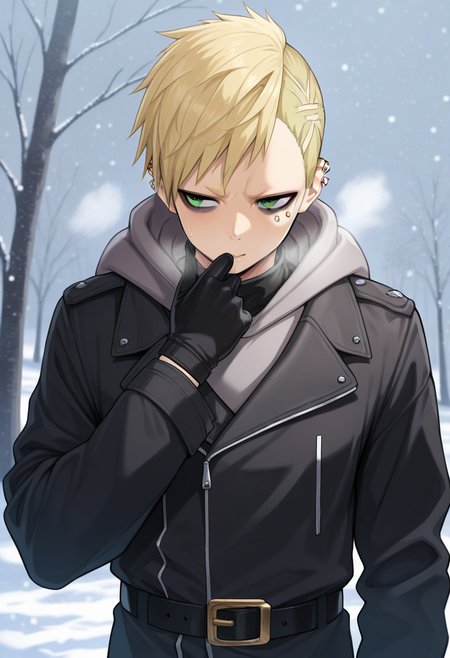 masterpiece, best quality, amazing quality, very aesthetic, absurdres,  newest, scenery, 
1boy, solo, 
oscar dressel, blonde hair, short hair, green eyes, ear piercing, scar, eyelid piercing,
black jacket, hooded jacket, black gloves, belt, grey hoodie,
upper body, snowing,
<lora:ntmf_majorcharacters.ilxl:1>