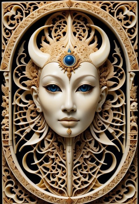 made out of ivory, bone carving, intricate ceremonial mask depicting a third eye, carved from interlocked bones and polished ivory, covered in mystic runes and flowing ornamental filigree, floating in darkness, glowing faintly with ancestral energy, surreal and haunting, SDXL, 8k, masterpiece