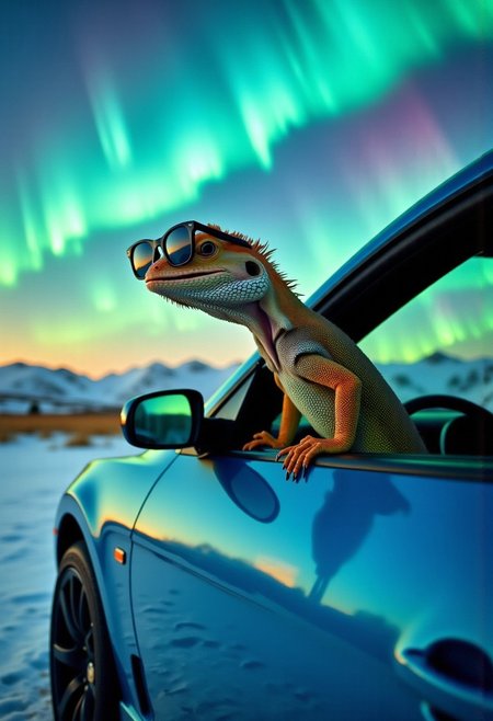 a fast and the furious movie hero anthro human-gecko wearing glossy black sunglasses leans out of the window of a sleek shiny blue sportscar.  The aurora borealis glowing etherial patterns are reflected in insane breathtaking detail on the gekco-man's large black sunglasses